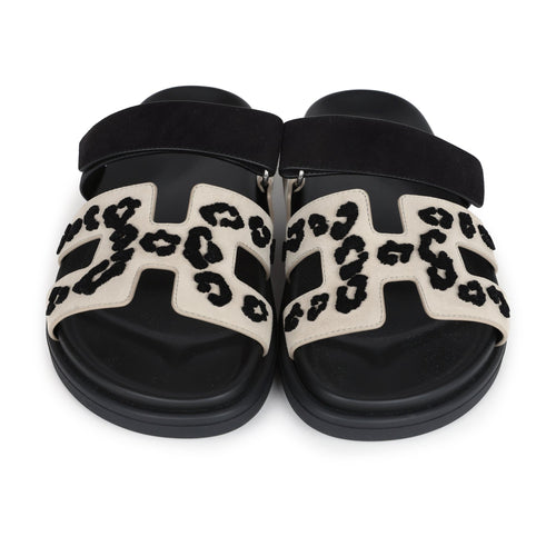 Hermes Chypre Techno Sandal Beige Esquisse and Black Tufted Suede Palladium Hardware 38.5 EU