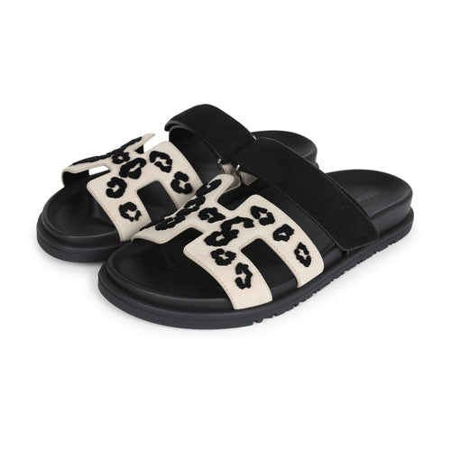 Hermes Chypre Techno Sandal Beige Esquisse and Black Tufted Suede Palladium Hardware 38.5 EU