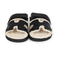 Hermes Chypre Techno Sandals Black and Ecru Shearling Palladium Hardware EU 39.5