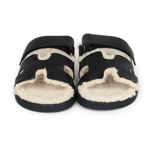 Hermes Chypre Techno Sandals Black and Ecru Shearling Palladium Hardware EU 39.5