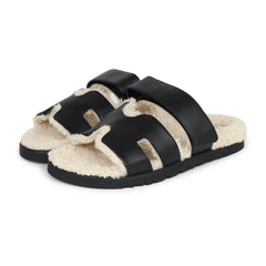 Hermes Chypre Techno Sandals Black and Ecru Shearling Palladium Hardware EU 39.5