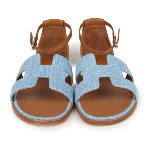 Hermes Santorini Sandals Bleu Clair and Naturel Denim Palladium Hardware 38 EU