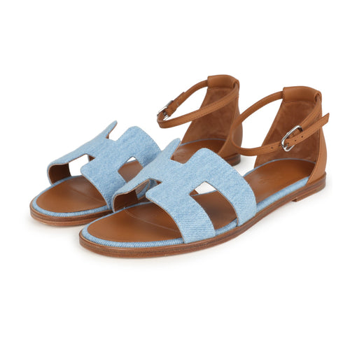 Hermes Santorini Sandals Bleu Clair and Naturel Denim Palladium Hardware 38 EU