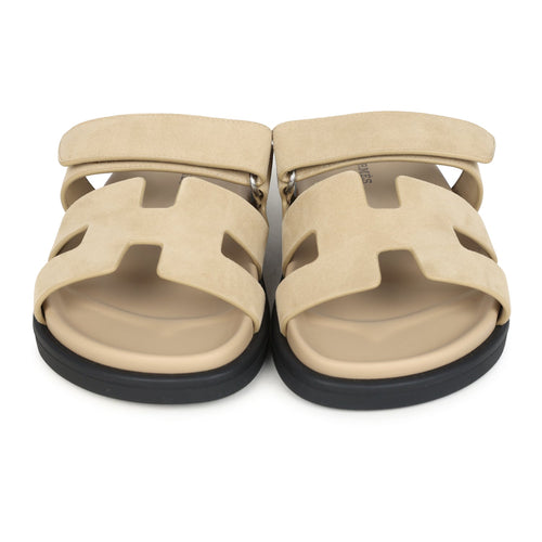 Hermes Chypre Techno Sandals Beige Lin Suede Palladium Hardware 35 EU