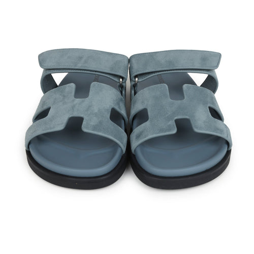 Hermes Chypre Techno Sandals Bleu Tonnerre Suede Palladium Hardware 37 EU