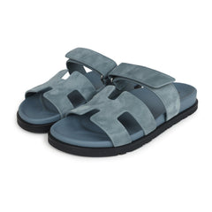 Hermes Chypre Techno Sandals Bleu Tonnerre Suede Palladium Hardware 37 EU