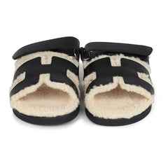 Hermes Chypre Techno Sandals Black and Ecru Shearling Palladium Hardware EU 39
