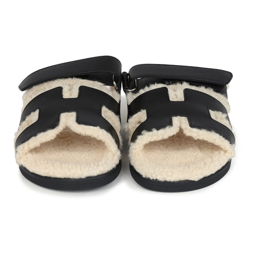 Hermes Chypre Techno Sandals Black and Ecru Shearling Palladium Hardware EU 39