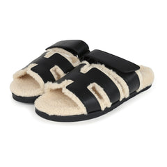 Hermes Chypre Techno Sandals Black and Ecru Shearling Palladium Hardware EU 39