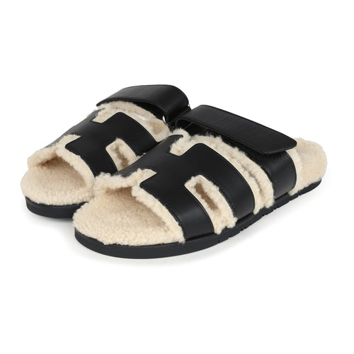 Hermes Chypre Techno Sandals Black and Ecru Shearling Palladium Hardware EU 39