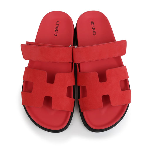 Hermes Chypre Techno Sandal Rose Vermillon Suede Palladium Hardware 38 EU