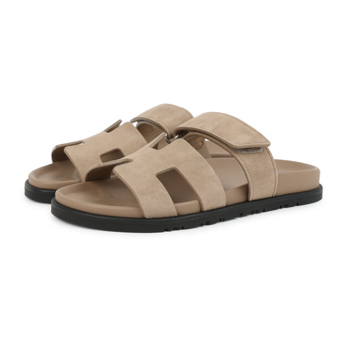 Hermes Chypre Techno Sandals Beige Sable Suede Palladium Hardware 38 EU