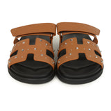 Hermes Chypre Techno Sandals Naturel Studded Calfskin Palladium Hardware 38 EU