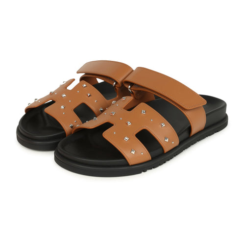 Hermes Chypre Techno Sandals Naturel Studded Calfskin Palladium Hardware 38 EU
