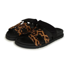 Hermes Leopard Print Chypre Techno Sandals Gold & Black Moire, Calfskin & Suede Palladium Hardware 37 EU