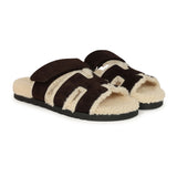 Hermes Chypre Techno Sandals Marron Ebene Suede and Ecru Shearling Palladium Hardware EU 37 - Thumbnail View 2