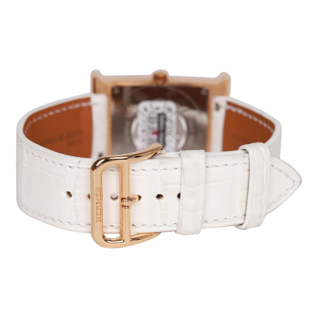 Hermes Small Heure H Watch Rose Gold White Matte Alligator Band