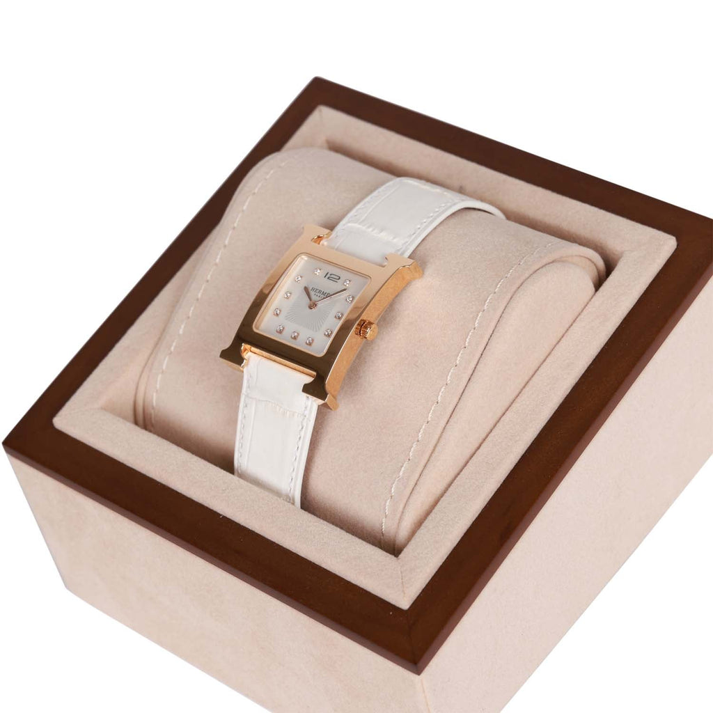 Hermes Small Heure H Watch Rose Gold White Matte Alligator Band – Madison  Avenue Couture