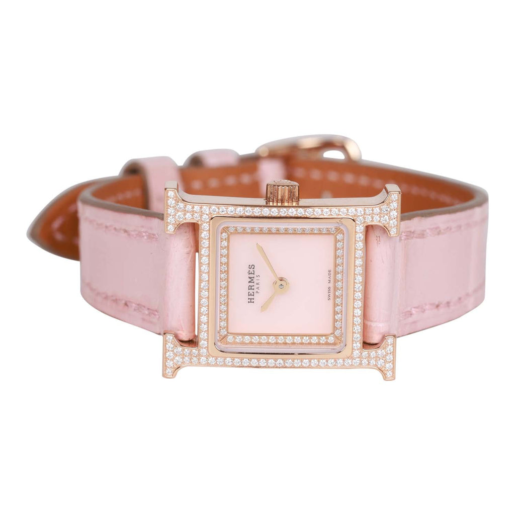 Hermes Diamond H Hour Heure Watch Raspberry Pink Crocodile Strap