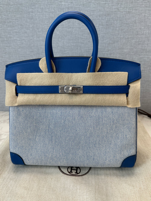 Hermes Birkin 25 Bleu France Swift/Bleu Bill-Ecru Toile H Canvas PHW