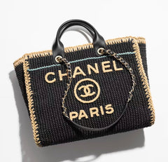 Chanel Black, Beige, Light Green Cotton Crochet Large Deauville Tote Gold Hardware