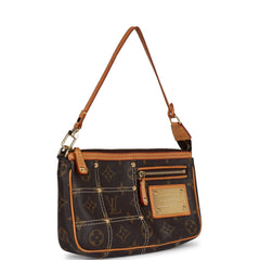 Vintage Louis Vuitton Pochette Accessories Brown Monogram Rivet Gold Hardware