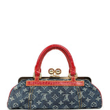 Vintage Louis Vuitton Sac Fermoir GM Bag Blue Monogram Denim and Red Alligator Gold Hardware