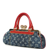Vintage Louis Vuitton Sac Fermoir GM Bag Blue Monogram Denim and Red Alligator Gold Hardware