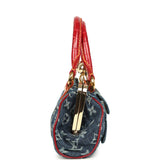 Vintage Louis Vuitton Sac Fermoir GM Bag Blue Monogram Denim and Red Alligator Gold Hardware