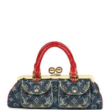 Vintage Louis Vuitton Sac Fermoir GM Bag Blue Monogram Denim and Red Alligator Gold Hardware