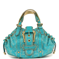 Vintage Louis Vuitton Theda GM Bag Blue and Gold Suede Monogram and Ostrich Gold Hardware