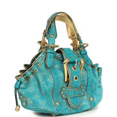 Vintage Louis Vuitton Theda GM Bag Blue and Gold Suede Monogram and Ostrich Gold Hardware