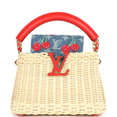 Louis Vuitton X Takashi Murakami Capucines Mini Red and Blue Monogram Cherry Denim and Rattan Wicker Gold Hardware
