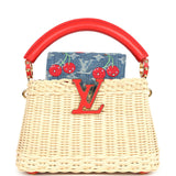 Louis Vuitton X Takashi Murakami Capucines Mini Red and Blue Monogram Cherry Denim and Rattan Wicker Gold Hardware