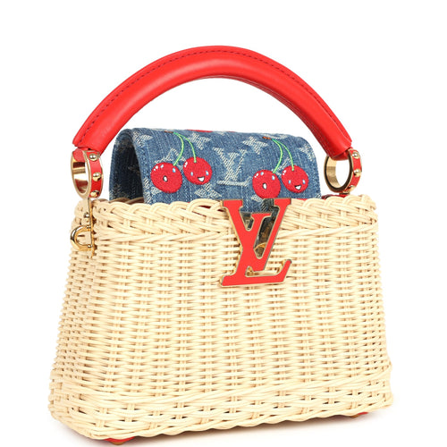 Louis Vuitton X Takashi Murakami Capucines Mini Red and Blue Monogram Cherry Denim and Rattan Wicker Gold Hardware