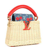 Louis Vuitton X Takashi Murakami Capucines Mini Red and Blue Monogram Cherry Denim and Rattan Wicker Gold Hardware