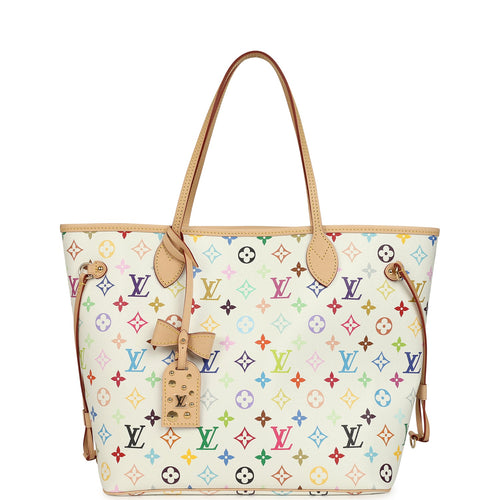 Louis Vuitton x Takashi Murakami Neverfull MM White Multicolored Monogram Gold Hardware