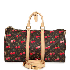 Louis Vuitton X Takashi Murakami Cheries Keepall Bandouliere 45 Red, Brown Monogram Cherry Gold Hardware