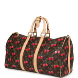 Louis Vuitton X Takashi Murakami Cheries Keepall Bandouliere 45 Red, Brown Monogram Cherry Gold Hardware - Thumbnail View 5