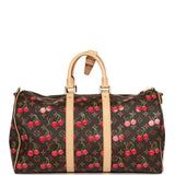 Louis Vuitton X Takashi Murakami Cheries Keepall Bandouliere 45 Red, Brown Monogram Cherry Gold Hardware - Thumbnail View 4