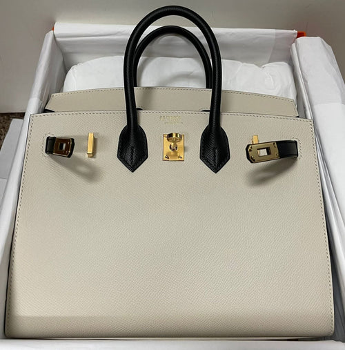Hermes Special Order (HSS) Birkin Sellier 25 Craie and Black Epsom Gold Hardware - Sourced