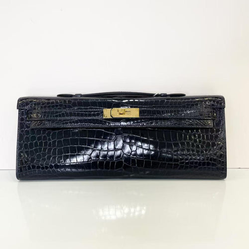 Hermes Kelly Cut Bleu Marine Shiny Niloticus Crocodile Gold Hardware - Sourced