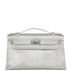 Vintage Hermes Kelly Pochette Silver Metallic Chevre Palladium Hardware