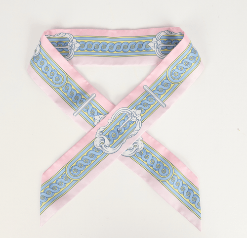 Hermes"Brides De Cour" Rose Pale/Ciel/Jaune Multi Silk Twilly