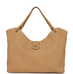 Chanel Maxi Shopping Bag Beige Grained Nubuck Calfskin Light Gold Hardware
