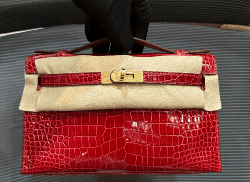 Hermes Kelly Pochette Braise Shiny Porosus Crocodile Gold Hardware