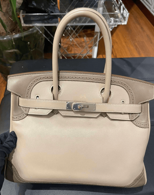 HERMES Etoupe Swift leather & Toile Canvas LINDY 30 Shoulder Bag