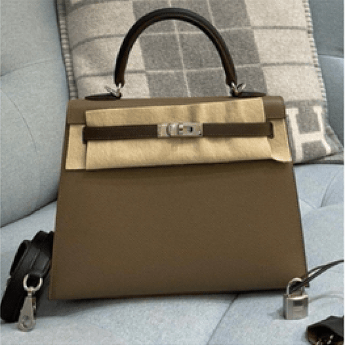 Hermes Kelly Sellier 25 Tri-Color Etoupe, Black, and Ecorce Epsom Palladium Hardware