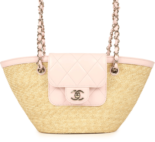 Chanel Small Shopping Tote Bag Beige Raffia and Light Pink Lambskin Light Gold Hardware