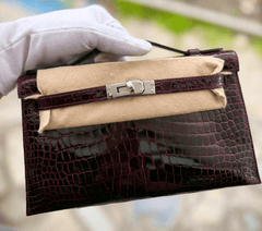Hermes Kelly Pochette Bordeaux Shiny Porosus Crocodile Palladium Hardware